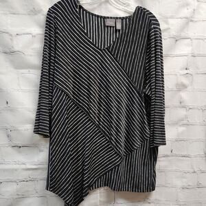 Chicos Travelers L blue white stripe stretch flattering Asymmetrical 3/4 sleeve
